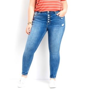 Flying Monkey Distressed High Rise Exposed Button-fly STRETCHY Skinny Jean, 18W